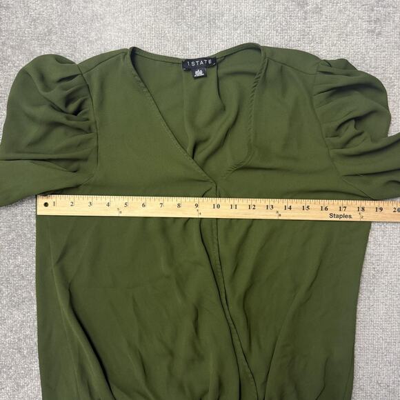1.STATE Blouse Womens Small Green Long Sleeve V Neck Puff Sleeve Elastic Hem - Picture 3 of 5